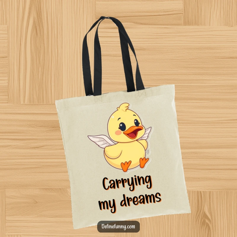 Funny rubber duck character with handmade paper wings, soaring with optimism, on a durable tote bag, a genuinely funny gift.