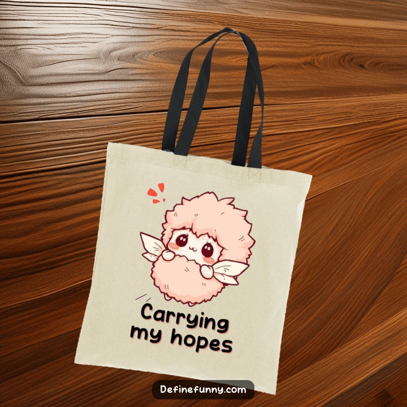 Funny bewildered slipper character with paper wings attempting flight, on a durable tote bag.