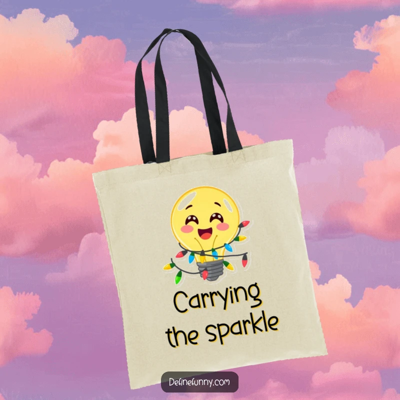 Funny, delighted lightbulb character wrapped in festive lights, on a durable tote bag, a funnier shopping companion gift.
