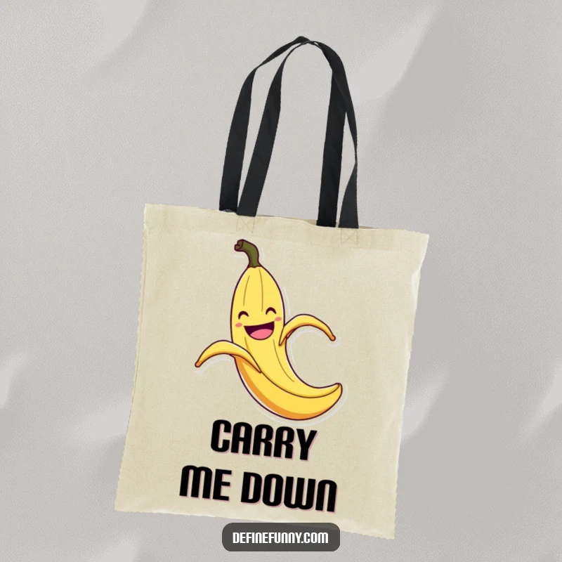 Funny Banana Peel Slip Tote Bag: Durable tote featuring a grinning banana peel comically slipping on its own peel with exaggerated flair, a funny accessory.