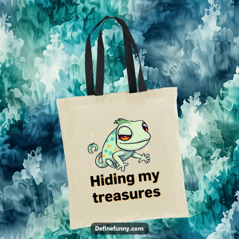 Funny tote bag showcasing a sly chameleon hilariously trying to blend with a bright, polka-dotted pattern.