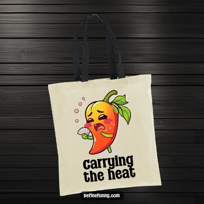 Funny chili pepper tote bag, surprised face, sweating profusely and fanning itself, great for shopping trips.