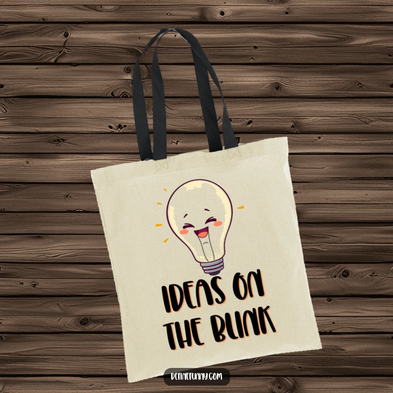 Funny tote bag with a mischievous lightbulb character with a grin, flickering erratically, perfect for carrying items with humor.