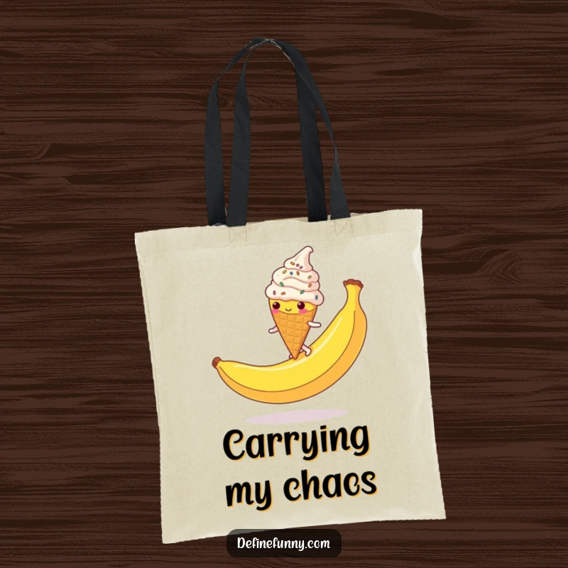 Funny Ice Cream Cone Tote Bag: A clumsy, sprinkle-covered character slipping on a banana peel, a spacious and funny bag.