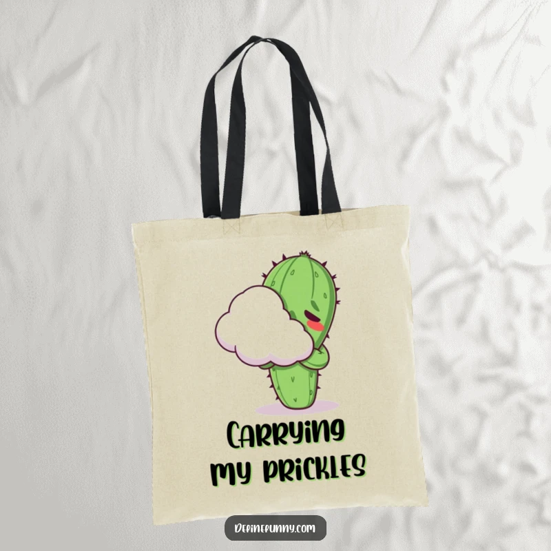 Funny Kawaii cactus character, looking uncomfortable while hugging a cloud, on a stylish and humorous tote bag.