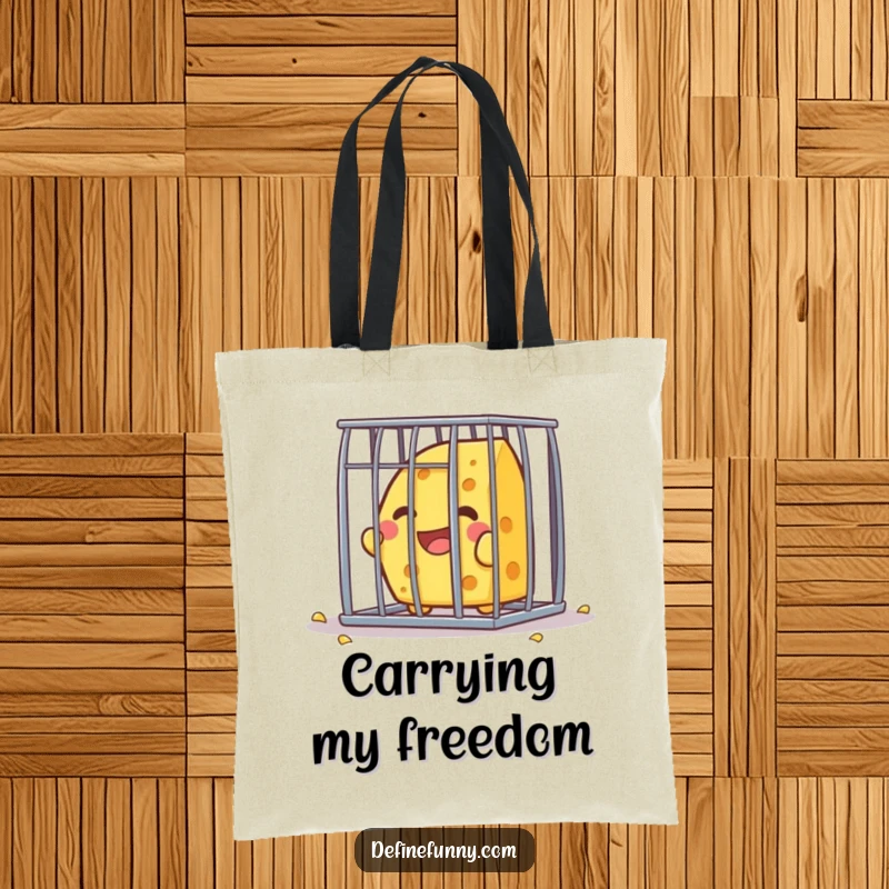 Funny Kawaii cheese character, joyfully breaking free from a tiny cage, on a stylish and humorous tote bag.