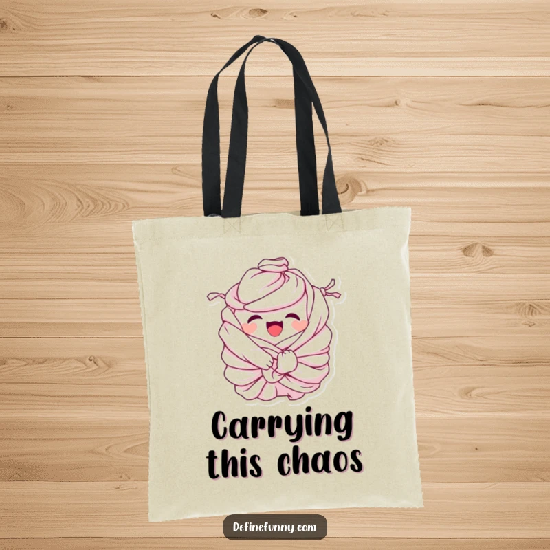Funny Tote Bag: Giggling pile of laundry character comically tied in knots, humorously representing the organized chaos of carrying laundry or other items.