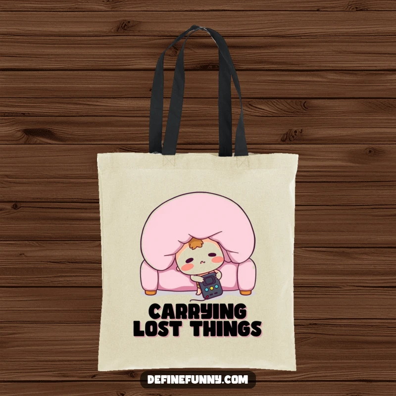Funny tote bag with a blushing remote control character frantically searching under a giant sofa cushion, perfect for carrying items with humor.