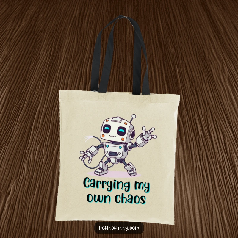 Funny tote bag illustrating a robot spectacularly tripping over its own extensive wiring, a delightful display of mechanical clumsiness.