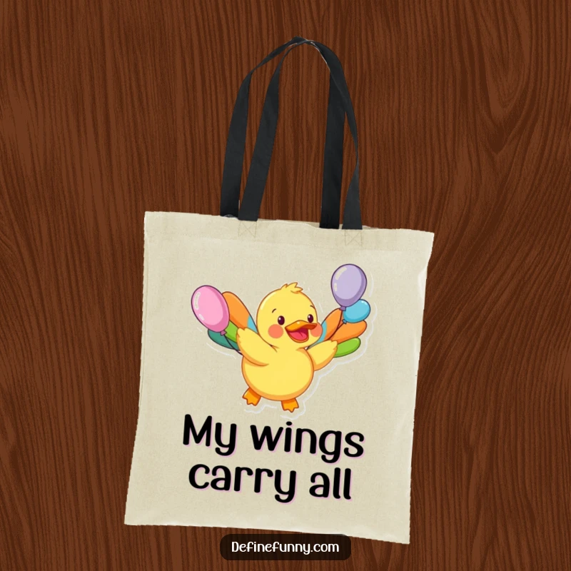 Funny tote bag featuring a happy rubber duck with colorful balloon wings attempting to fly, ideal for carrying adventures and smiles.