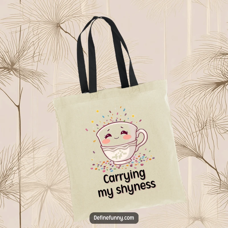 Funny tote bag showcasing a shy teacup character with rosy cheeks hiding from falling confetti, a humorous and practical introvert gift.