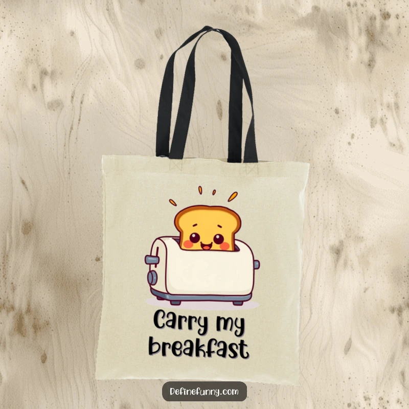 Funny Tote Bag illustrating smiling toast popping out of a toaster with a surprised expression, a humorous and practical accessory.