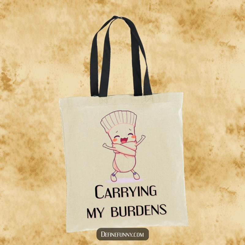 Funny tote bag with a clumsy sock character tied in a knot, comically tripping, perfect for carrying items with humor.