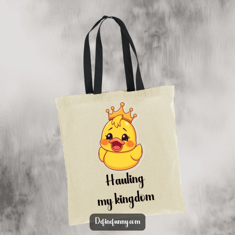 Funny Rubber Ducky Crown Tote Bag: Sturdy tote with a rubber ducky in a crown, eyes wide with surprised happiness, a funny and practical accessory.
