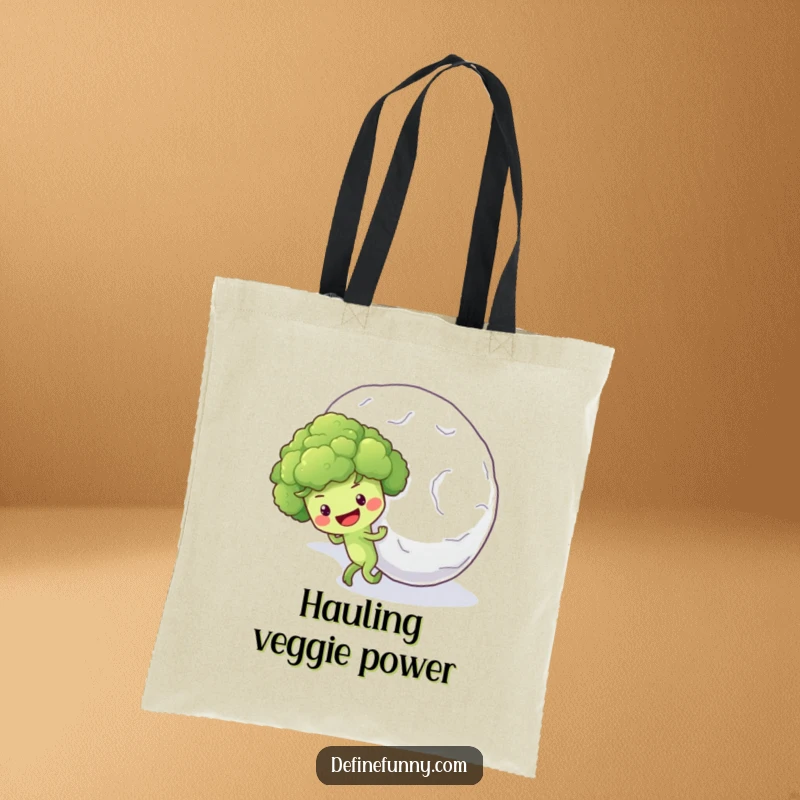 Funny tote bag illustration of a hopeful broccoli floret character pushing an enormous snowball uphill with all its might.