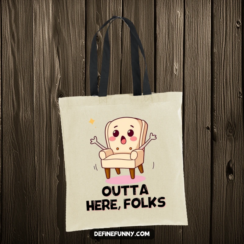 Funny tote bag depicting a chair character with legs running away, illustrating a comical escape and useful carrying capacity.