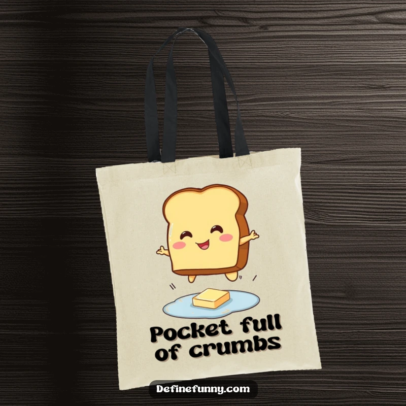 Funny tote bag showcasing a happy toast character leaping over a small butter puddle, ideal for carrying essentials with a smile.